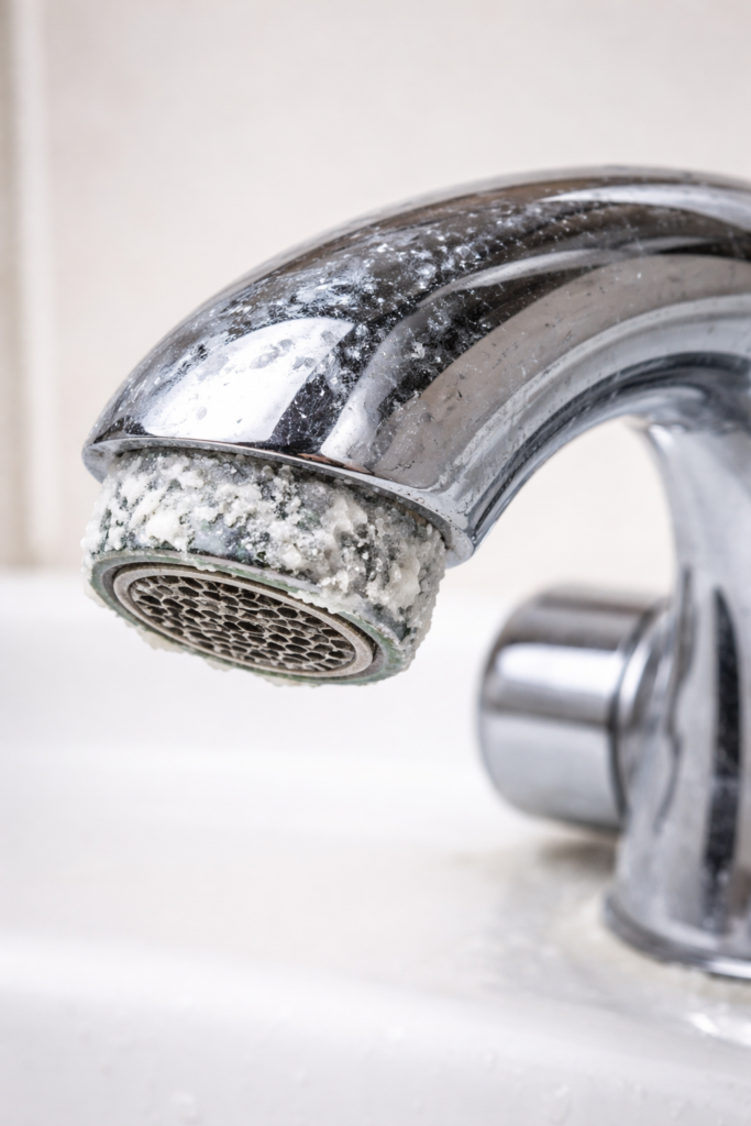 limescale buildup on chrome faucet